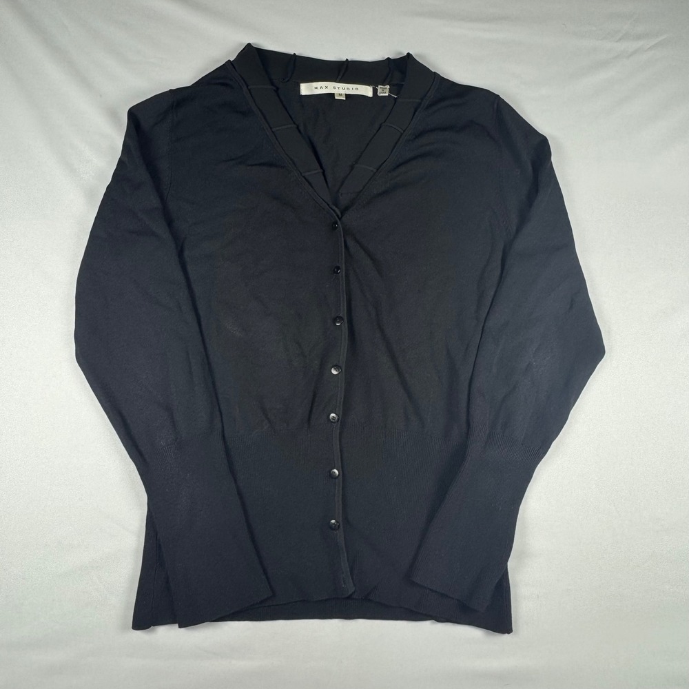 Max Studio Womens Black V-Neck Cardigan Pleated Trim Button Front Sweater M